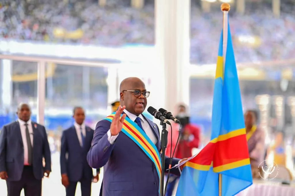 Félix Tshisekedi en train de prêter serment au stade des Martyrs le 20 janvier 2024 pour un deuxième mandat