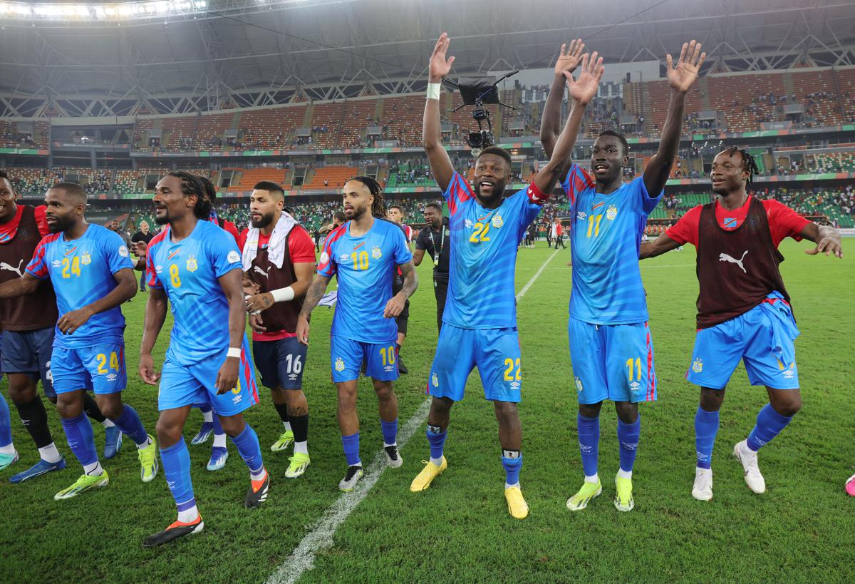 Les Léopards célébrant leur qualification en demi-finale de la CAN après leur victoire sur le Syli national de la Guinée le 2/02/2024. CAF