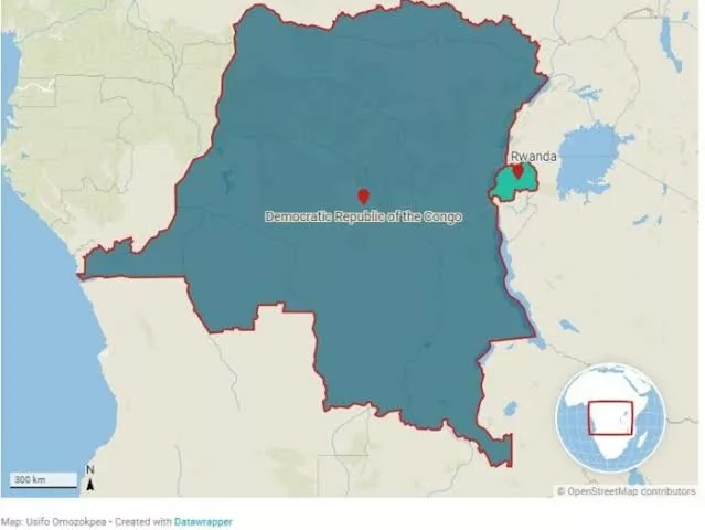 Carte géographique de la RDC avec ses frontières avec le Rwanda
