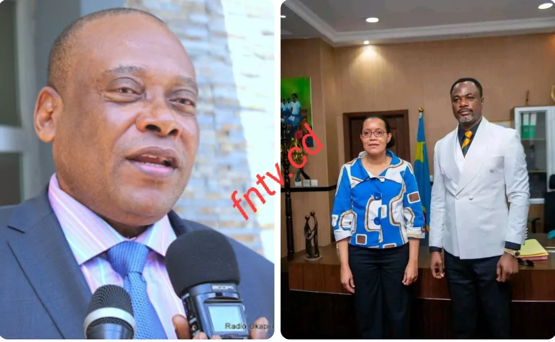 de gauche à droite le ministre honoraire de l'ESU Steve Mbikayi et le Ministre honoraire l'EPST Tony Mwaba lors de la remise et reprise avec sa successeure Raïssa Malu. Montage photo fntv.cd