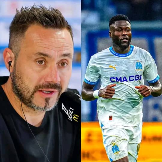 De gauche à droite, Roberto De Zerbi entraîneur marseillais et le défenseur congolais Chancel Mbemba sous le maillot de l'OM.