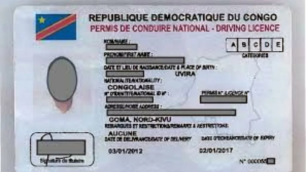 Spécimen d'un permis de conduire de RDC