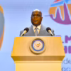 Le Président de la République Démocratique du Congo Félix Tshisekedi prononçant son discours d'ouverture du festival international de la musique à Kinshasa. (Photo présidence de la République)