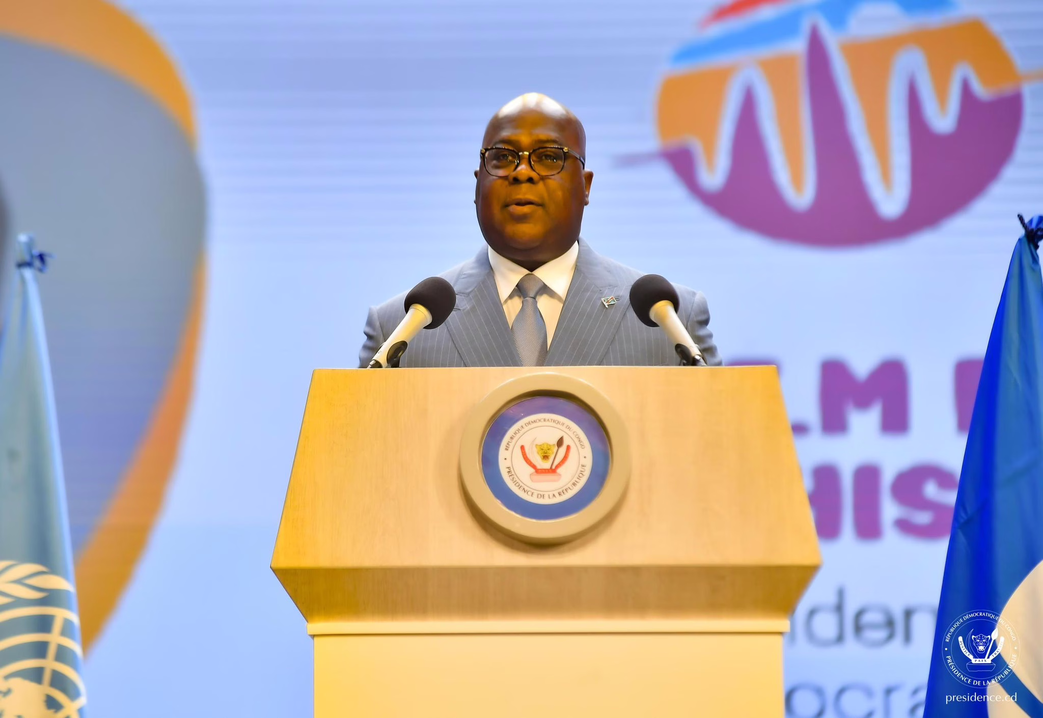 Le Président de la République Démocratique du Congo Félix Tshisekedi prononçant son discours d'ouverture du festival international de la musique à Kinshasa. (Photo présidence de la République)